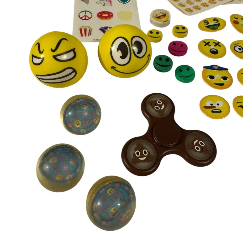 Large Emoji lot with stickers bouncy balls fart pen erasers & fidget spinner